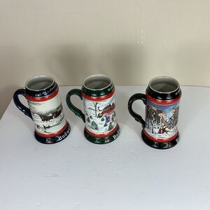 Vintage Set of 3 Budweiser Holiday Collector Series Beer Steins 1990-1992
